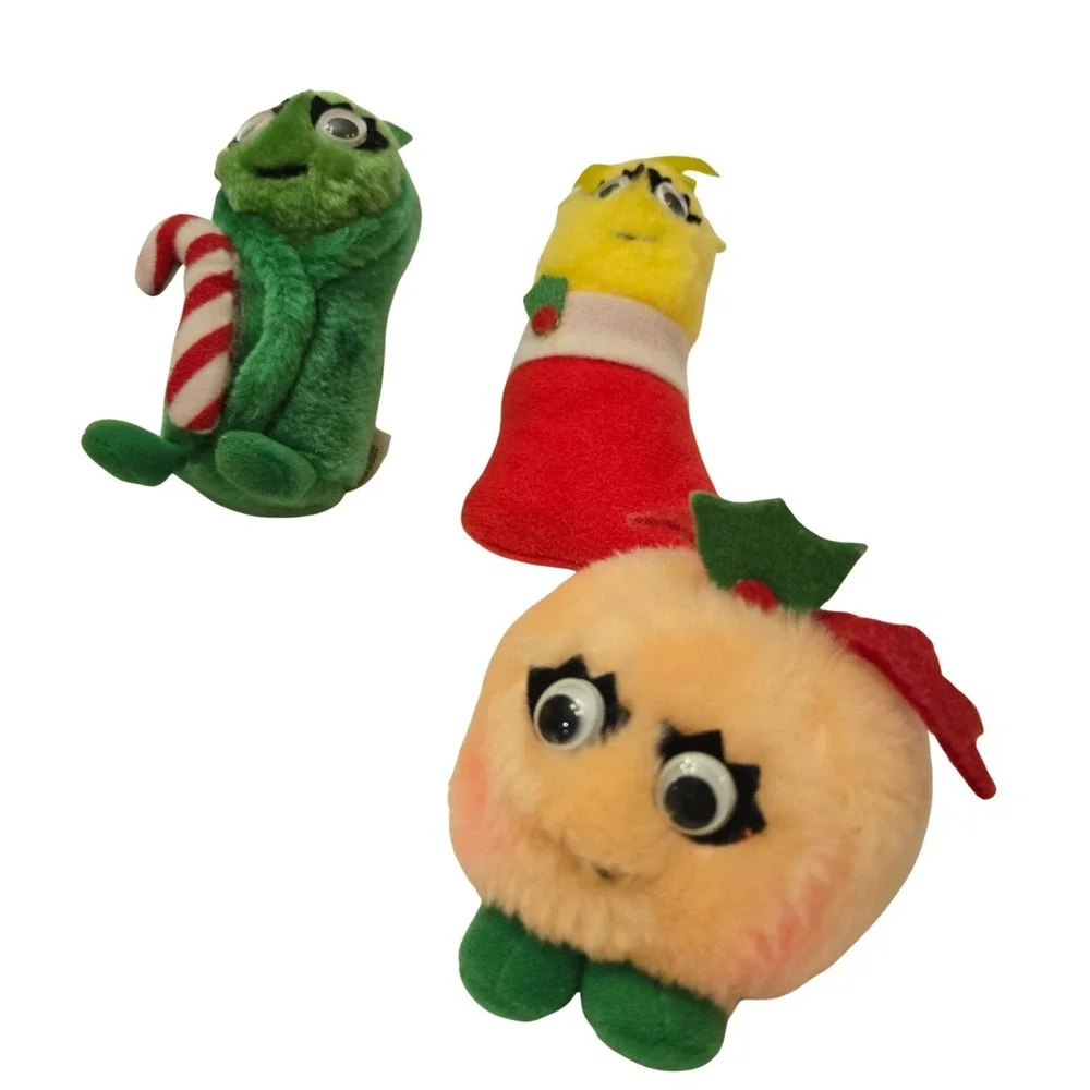 Vintage 1991 Del Monte Country Yumkins Christmas Googly Eyed Plush Ornament Set